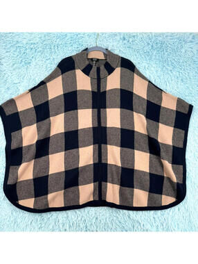 Jones New York Signature Plaid Poncho Cape Women’s 2-3XL Navy Blue Beige Wool